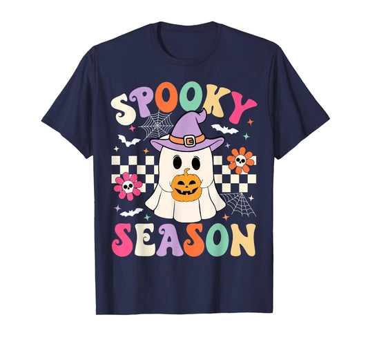 Groovy Spooky Season Retro Ghost Holding Pumpkin Halloween T-Shirt