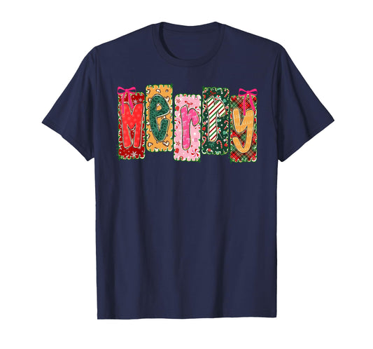 Merry Christmas Patchwork Merry Xmas Girl Women Floral Bows T-Shirt