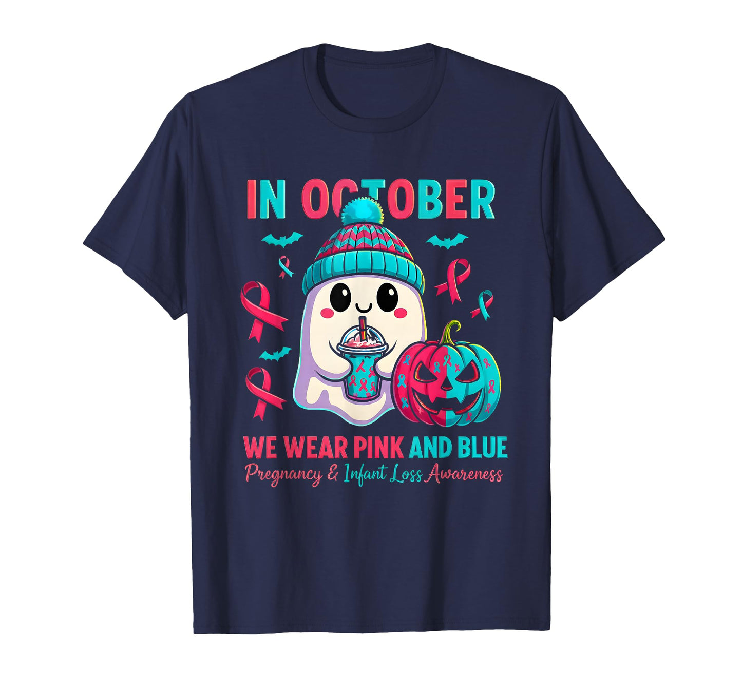 in October We Wear Pink and Blue Ghost Infant Loss Awareness T-Shirt
