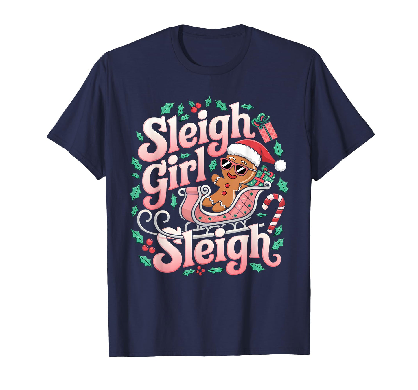 Groovy Pink Christmas Sleigh Girl Sleigh Gingerbread Holiday T-Shirt