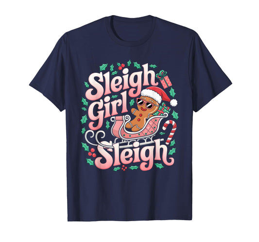 Groovy Pink Christmas Sleigh Girl Sleigh Gingerbread Holiday T-Shirt
