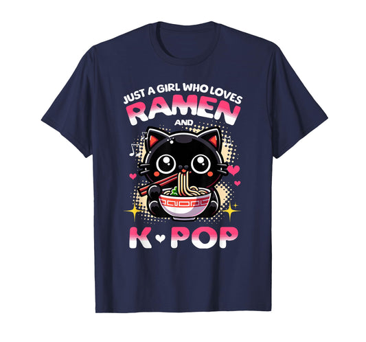 Just a Girl Who Loves Ramen and K-Pop Music Cat Design T-Shirt