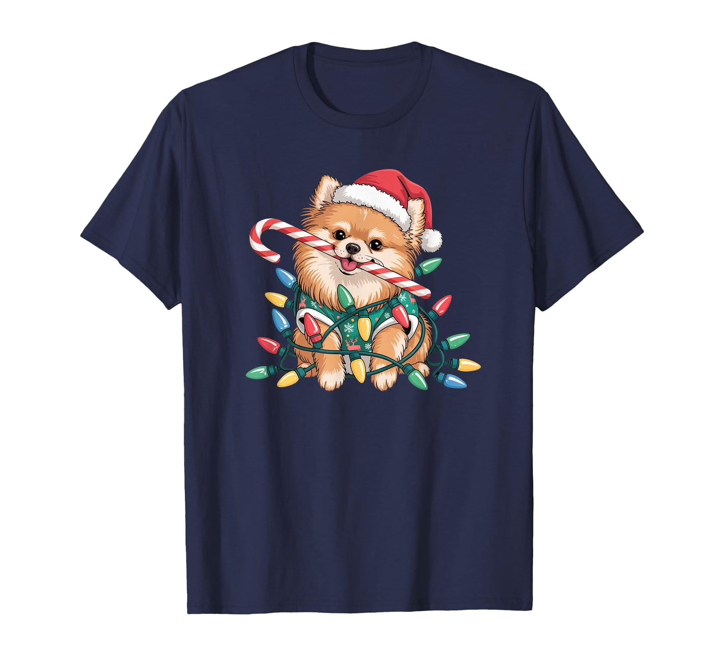 Cute Pomeranian Christmas Puppy Lights Santa Hat Candy Cane T-Shirt