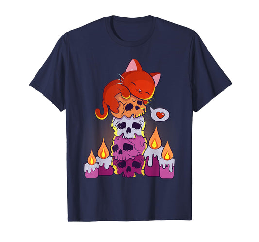 Subtle Lesbian Pride Aesthetic Kawaii Cat on Skulls Anime T-Shirt