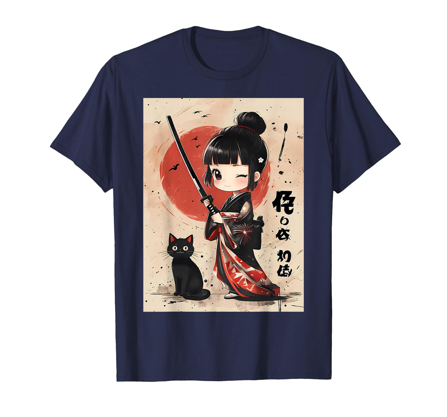 Cute Kawaii Samurai Girl with Katana Cat Japanese Anime T-Shirt