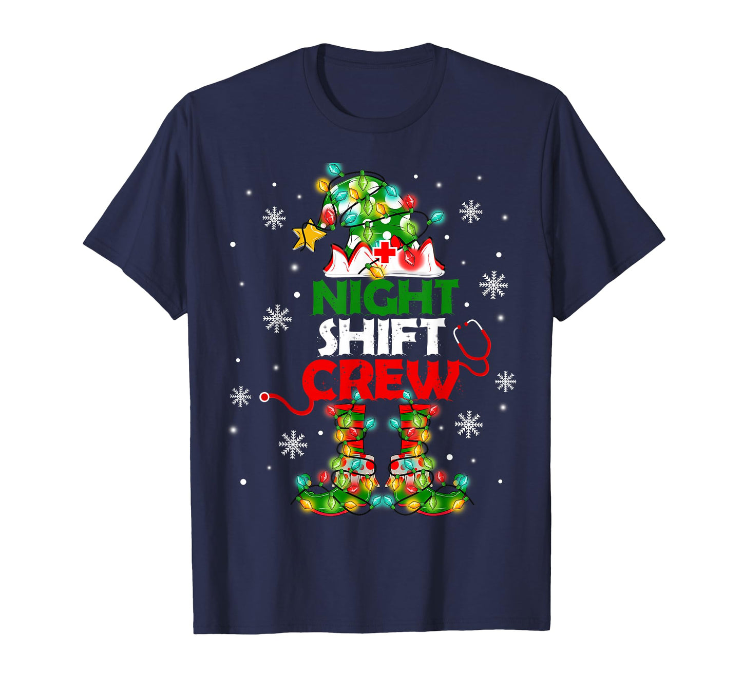 Funny Nurse Elf Christmas Lights Cute Xmas Night Shift Crew T-Shirt