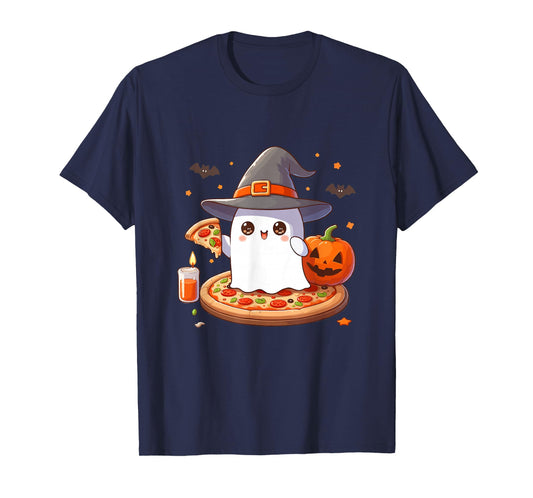 Halloween Cute Ghost Eating Pizza, Cute Ghost Pumpkin Pizza T-Shirt