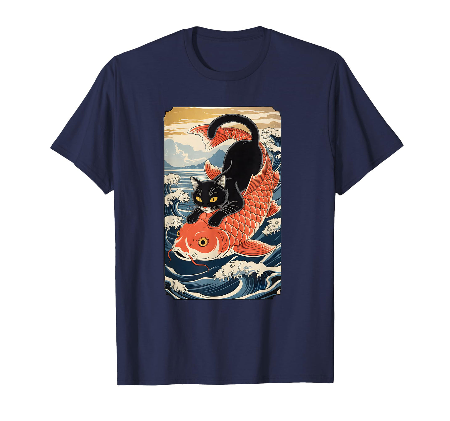 Cat Koi Japanese Black Ukiyoe Art Sakura Waves Zen T-Shirt