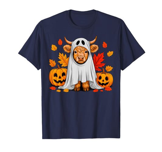 Women Highland Cow Ghost Pumpkin Girls Halloween Autumn Fall T-Shirt
