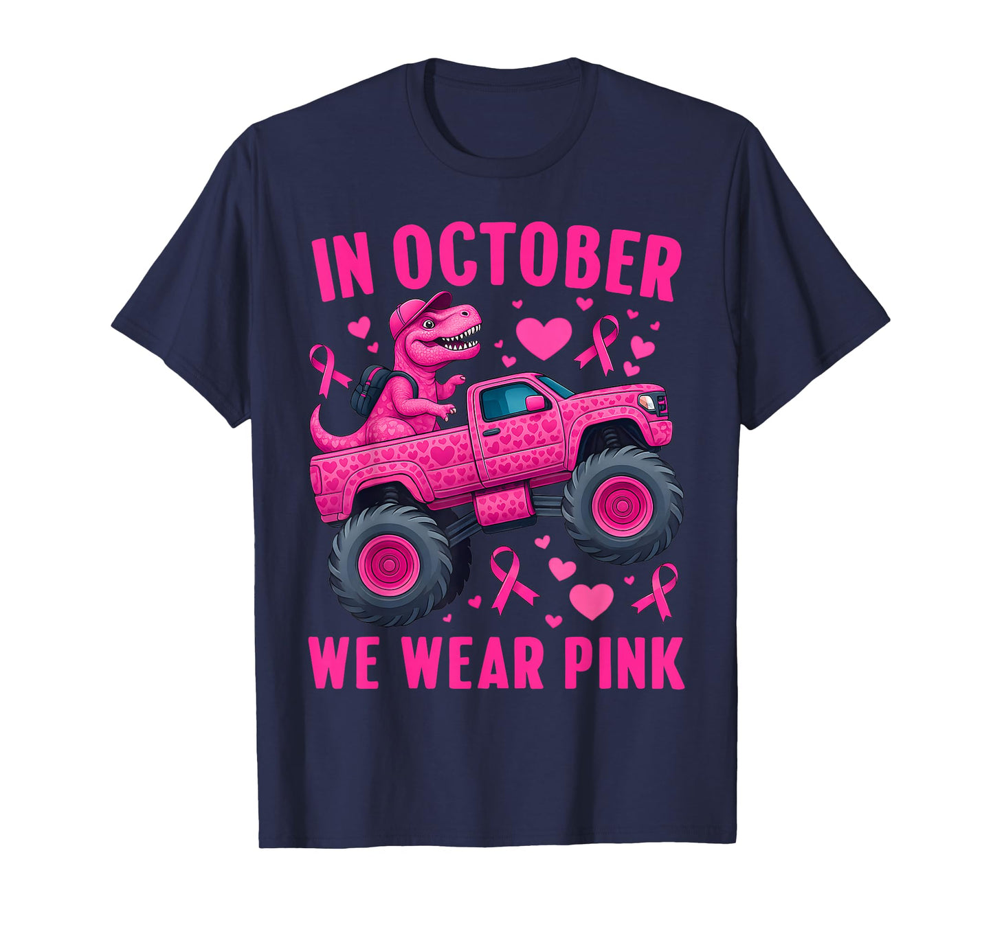 in October We Wear Pink T-rex Monster Truck Kids Boys Girls T-Shirt