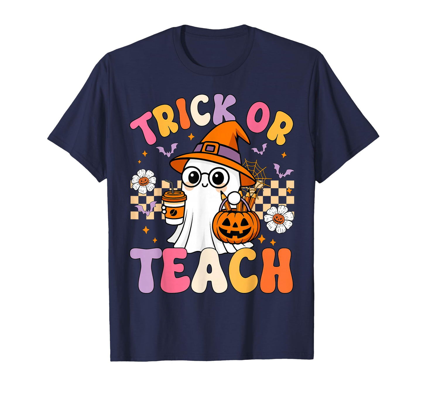 Trick Or Teach Cute Ghost Coffee Pumpkins Halloween Teacher T-Shirt