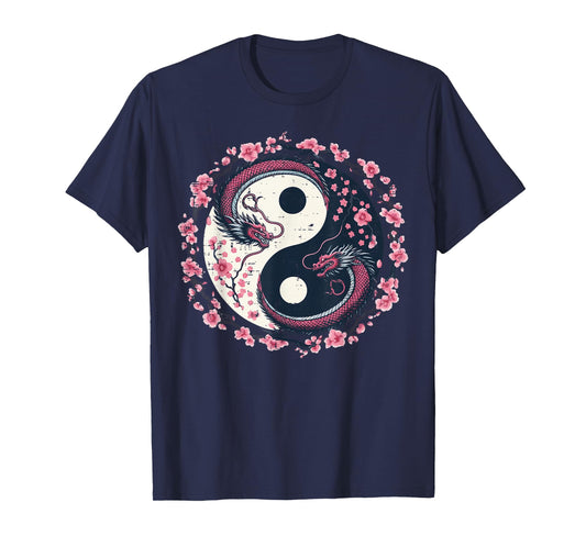 Dragon Sakura Yin Yang Japanese Cherry Blossoms Women Girls T-Shirt