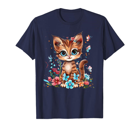 Cute Cat With Flowers I Kids Cat T-Shirt