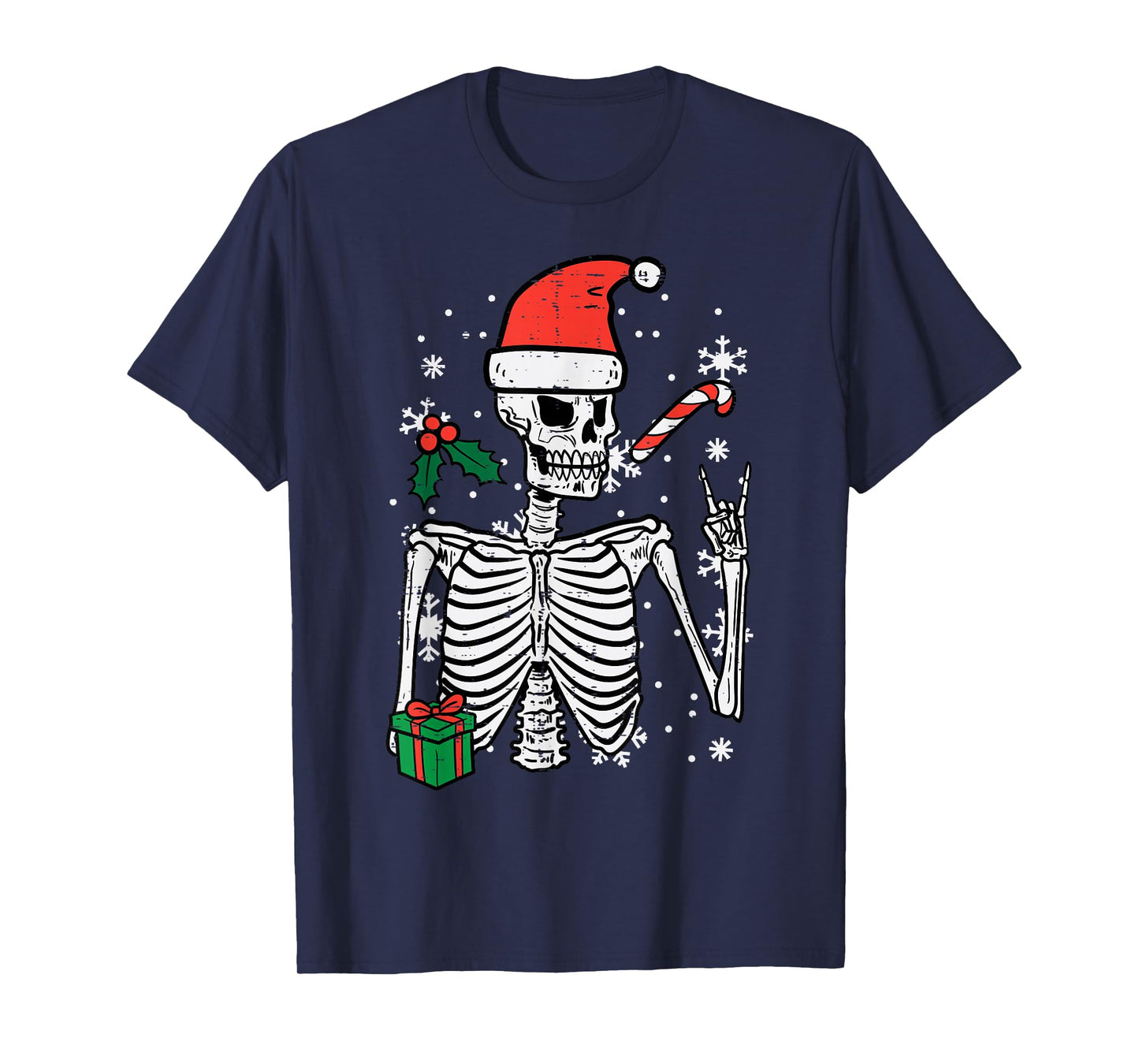 Christmas Rocker Skeleton Santa Rock Hand Xmas Men Boys Kids T-Shirt