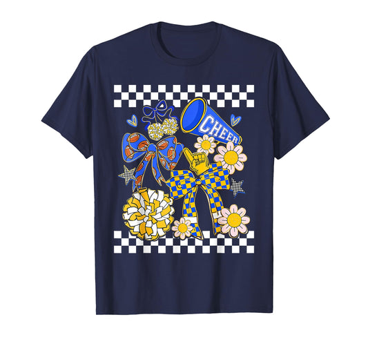 Retro Blue & Gold Cheer Football Game Day Coquette Bow Kids T-Shirt