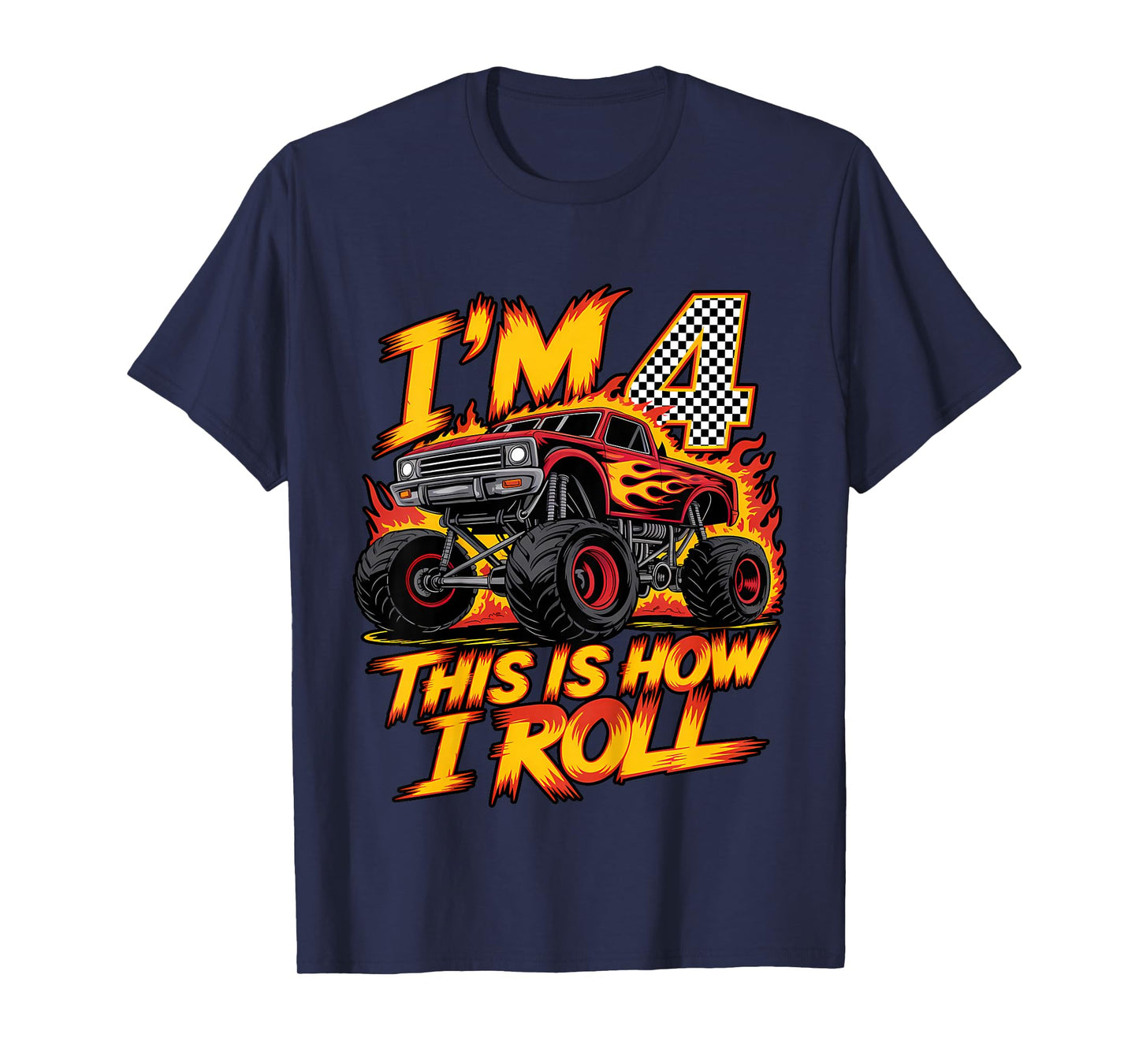 Monster Truck 4th Birthday 4 Year Old Boy Born 2021 Kids T-Shirt