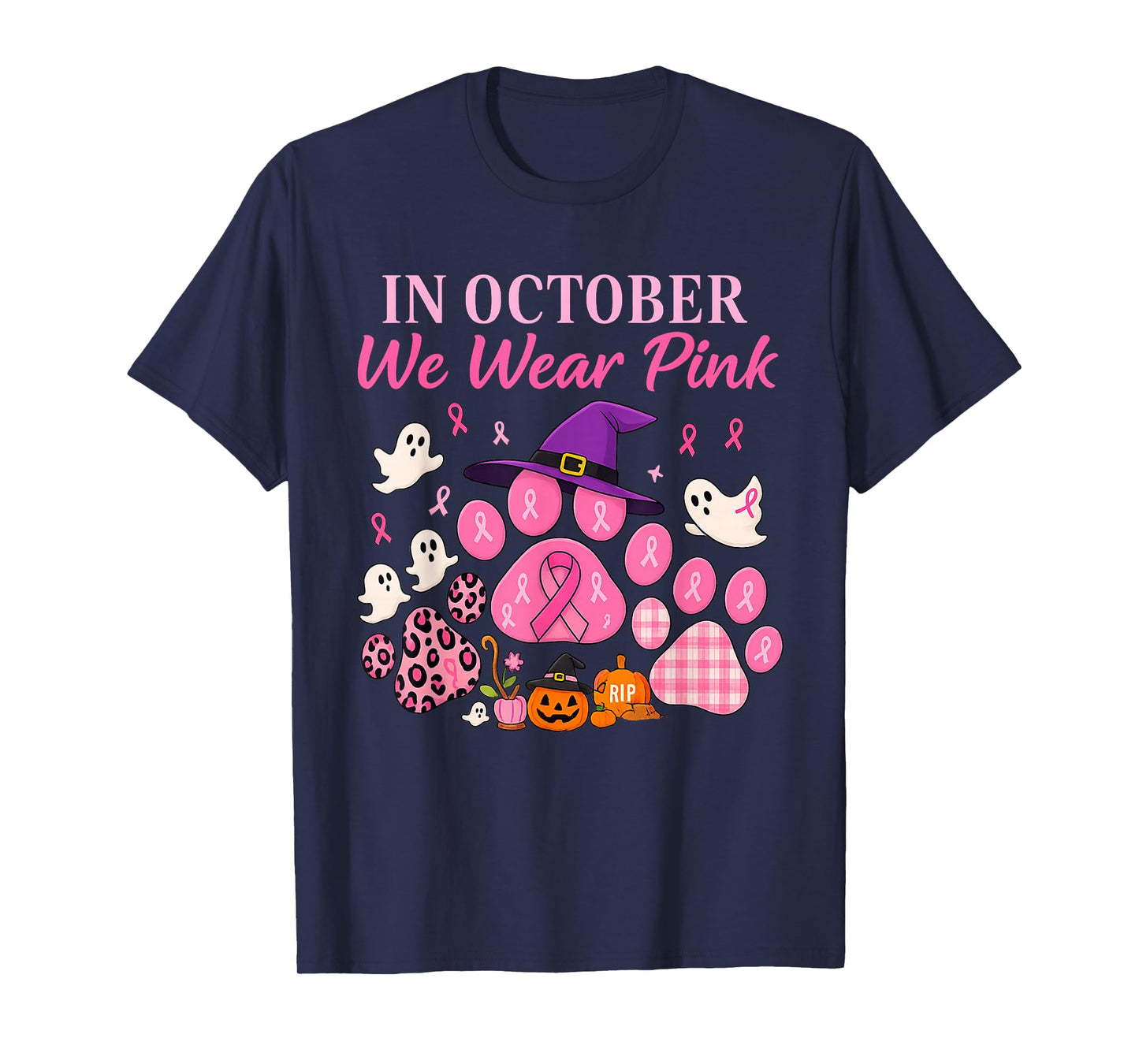 in October We Wear Pink Dog Paw Breast Cancer Awareness T-Shirt