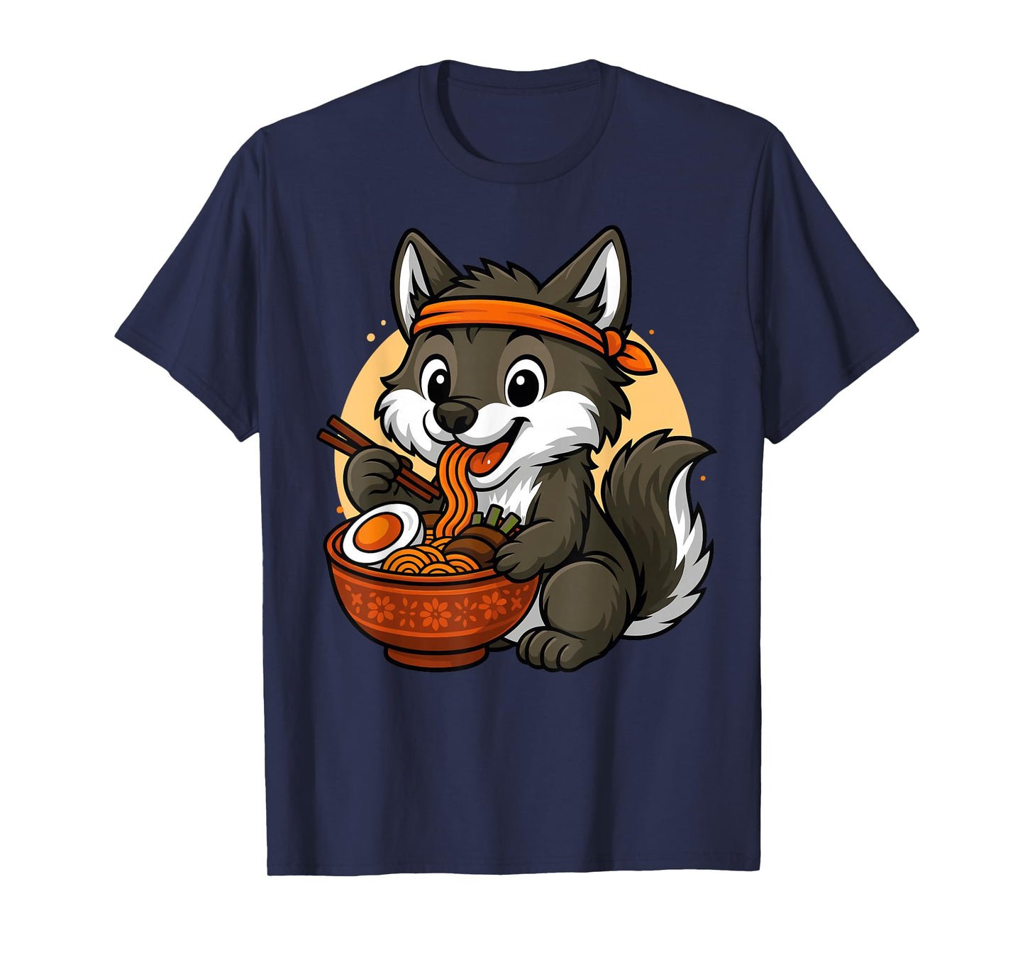 Kawaii Wolf Eating Ramen Graphic Japanese Wolf Graphic T-Shirt