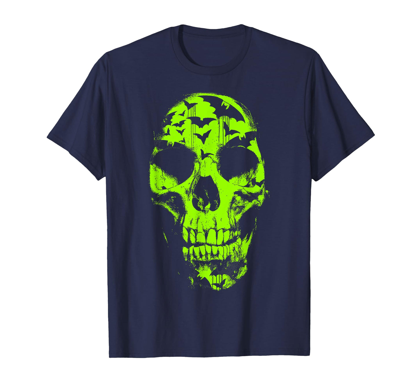 Halloween Neon Green Skull Bat Distressed T-Shirt