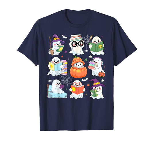 Book Reading Halloween Ghost Books Lover Teacher Kids Funny T-Shirt