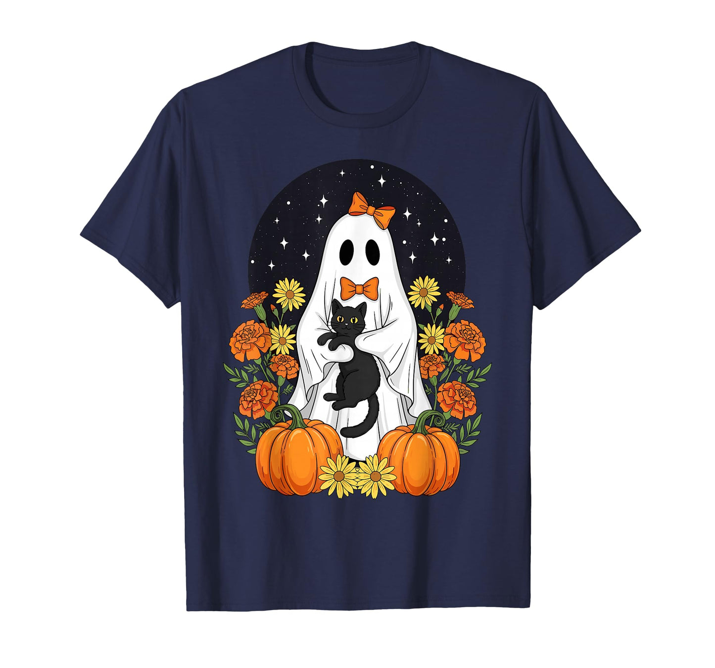 Vintage Halloween Ghost Holding Black Cat Groovy Floral T-Shirt