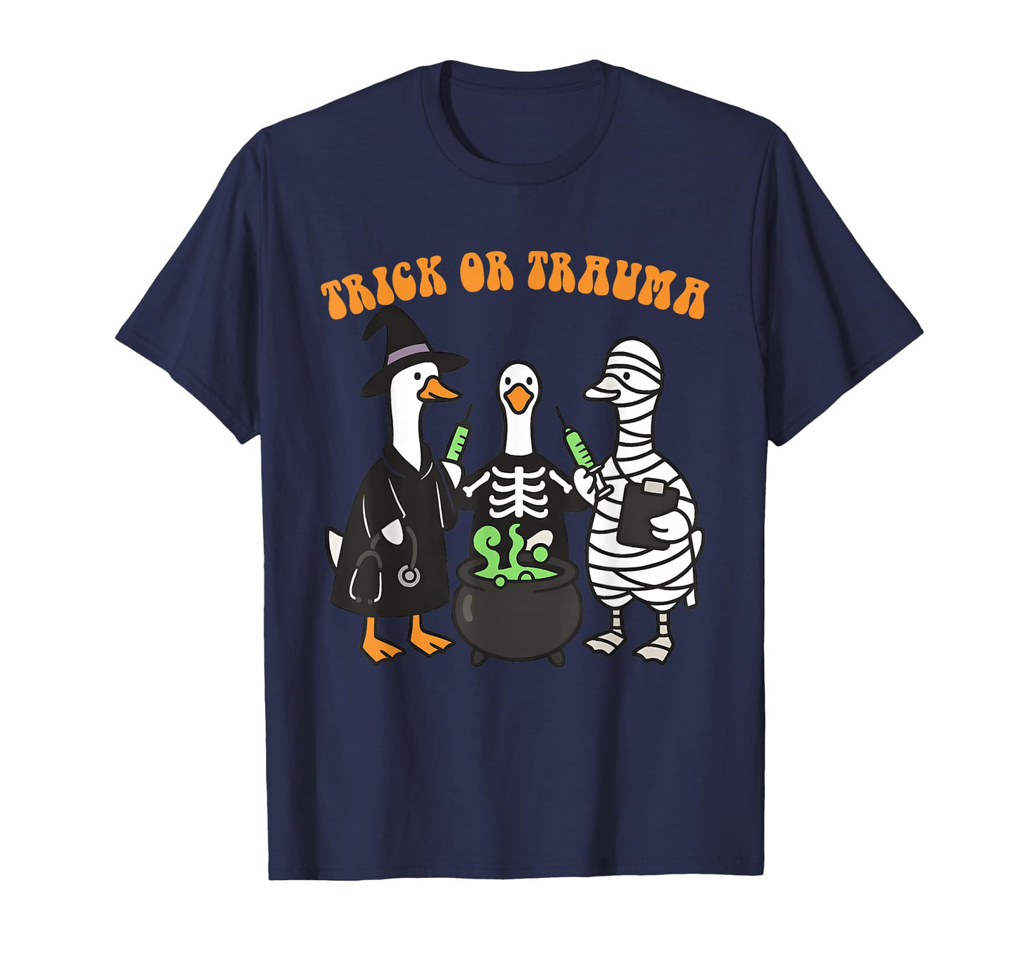Trick Or Trauma Cute Ghost Nurse Therapy Halloween Goose T-Shirt