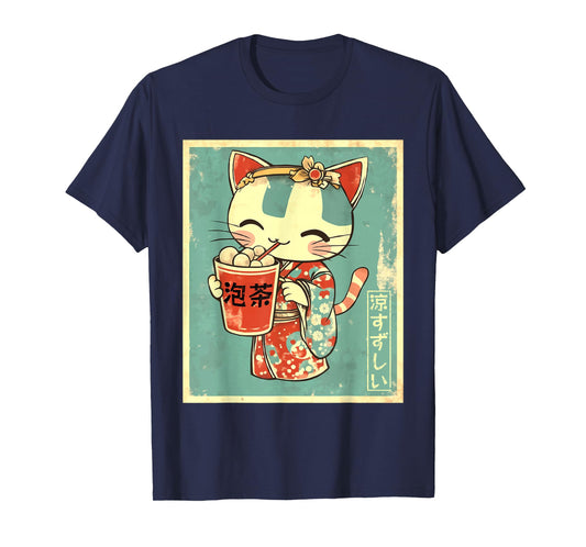 Smiling Kawaii Kimono Cat with Bubble Tea T-Shirt