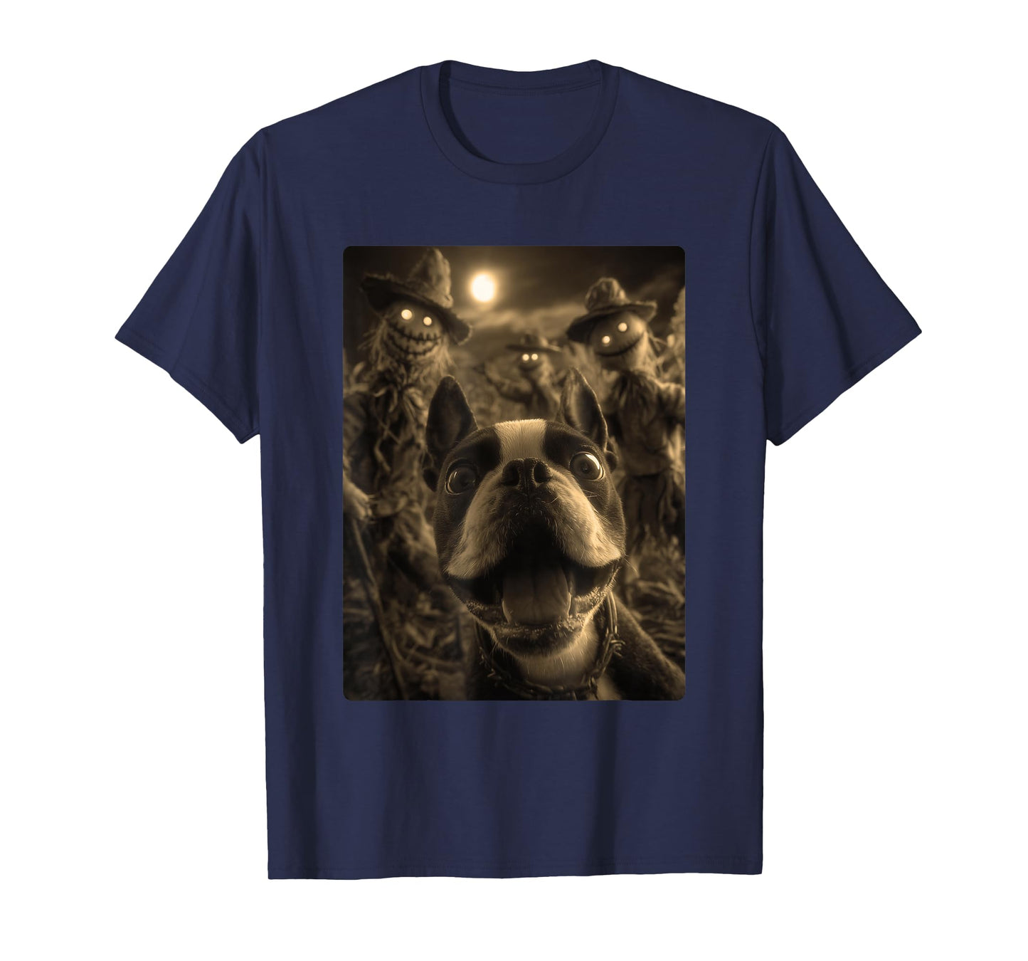 Vintage Boston Terrier Selfie Spooky Scarecrows Halloween T-Shirt