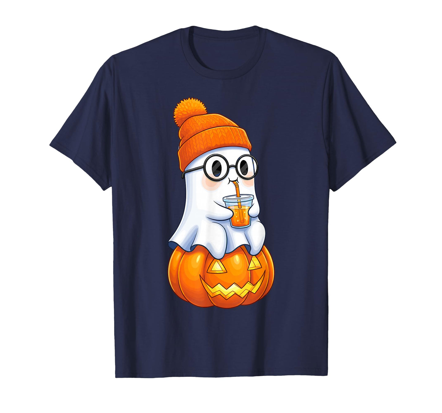 Ghost with Bubble Tea and Pumpkin Halloween T-Shirt
