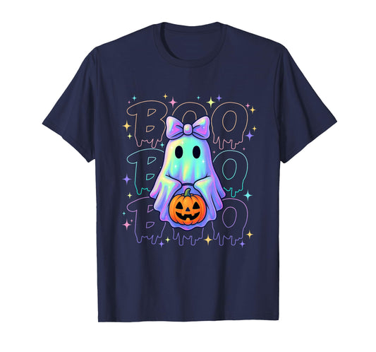 Funny Halloween Boo Neon Ghost Pumpkin Bow Men Women Kids T-Shirt