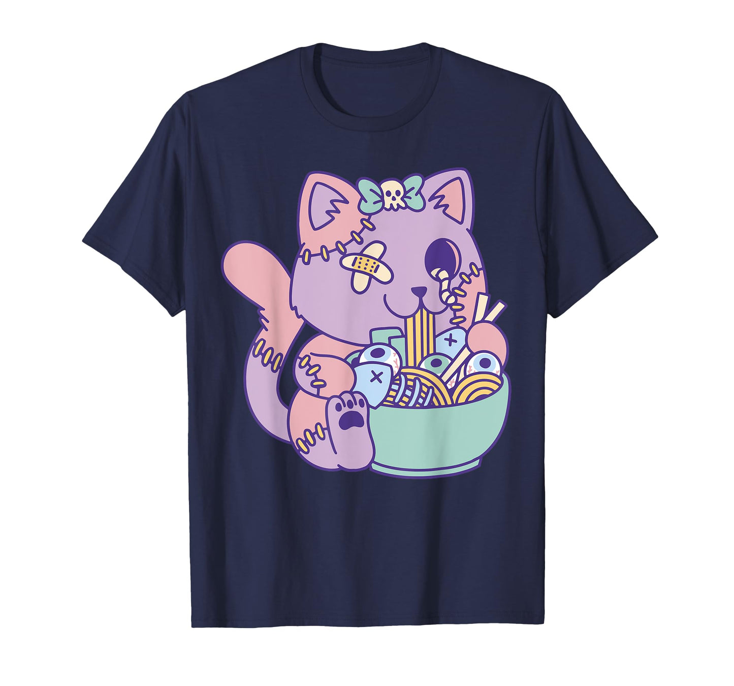 Cute Pastel Kawaii Zombie Cat Eating Ramen Halloween 2023 T-Shirt