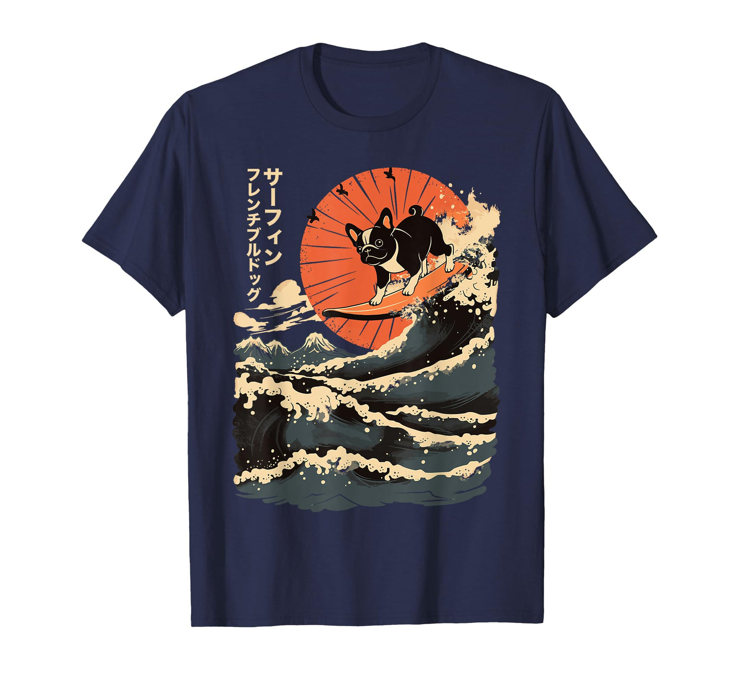 French Bulldog Surfing Japanese Men Women Girls Kids T-Shirt