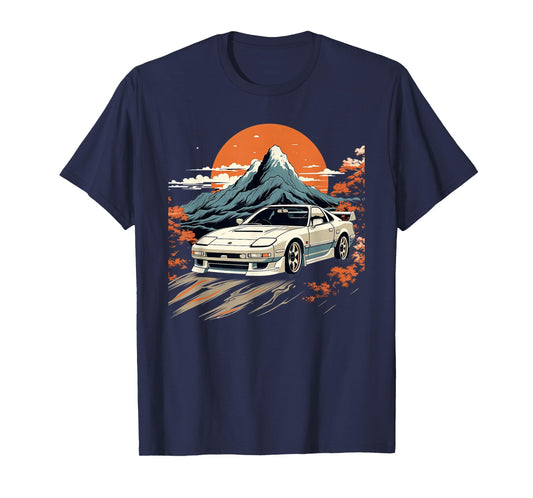Retro Japanese Drift Car Racing Mount Fuji Sunset Scene T-Shirt