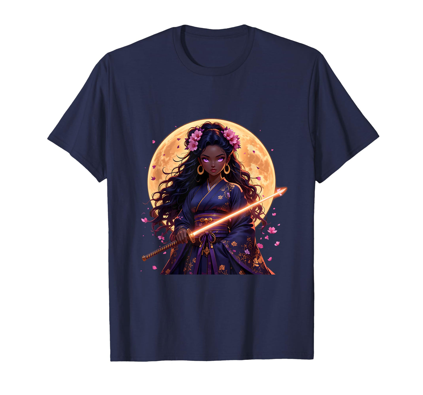 Black Woman Japanese Anime Samurai Girl Black Cat Women T-Shirt