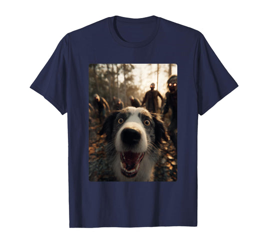 Funny Australian Shepherd Selfie with Zombies Halloween Dog T-Shirt