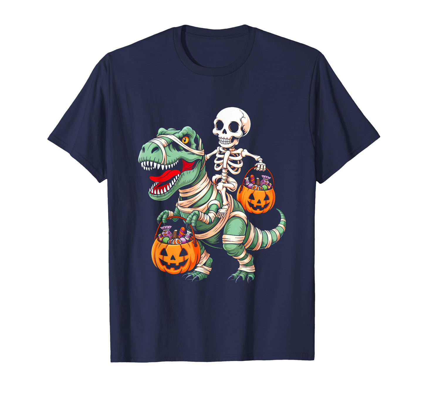 Skeleton Riding Mummy Dino Pumpkin Candy Halloween Costume T-Shirt