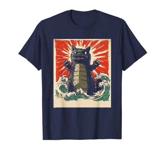 Epic Monster Cat Rising From Waves Retro Kawaii Men Kids T-Shirt
