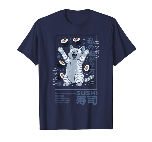 Happy Sushi Cat Japanese Retro-Style Kawaii Food Poster Art T-Shirt