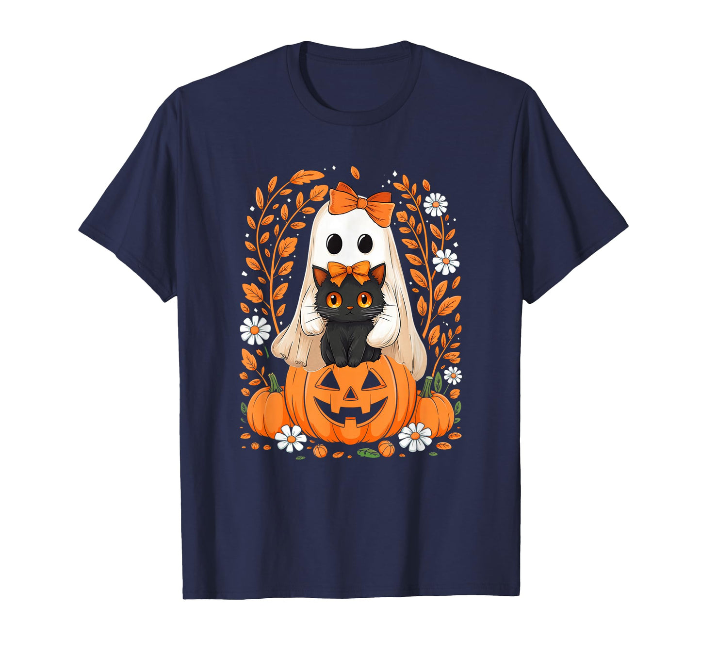 Vintage Halloween Ghost Holding Black Cat Groovy Floral T-Shirt