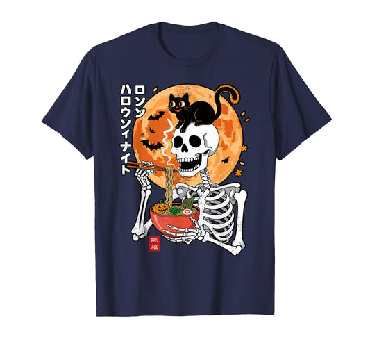 Spooky Skeleton Eating Ramen Bowl with Cat Halloween T-Shirt