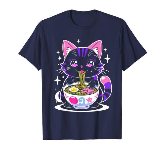 Kawaii Cat Eating Ramen Cat Japanese Funny Cat Anime Noodles T-Shirt