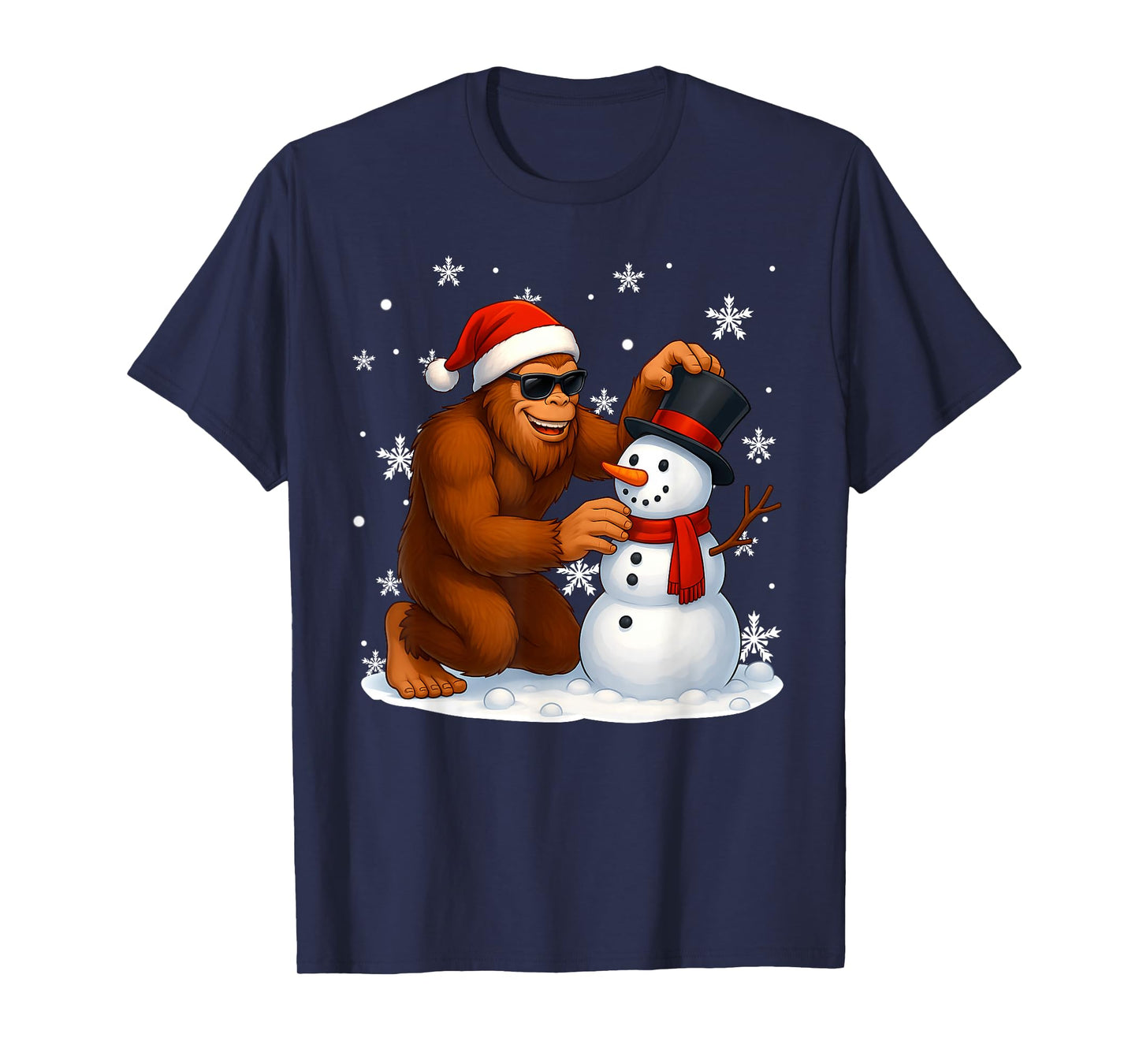 Bigfoot Building Snowman Christmas Tree Lights Christmas PJS T-Shirt
