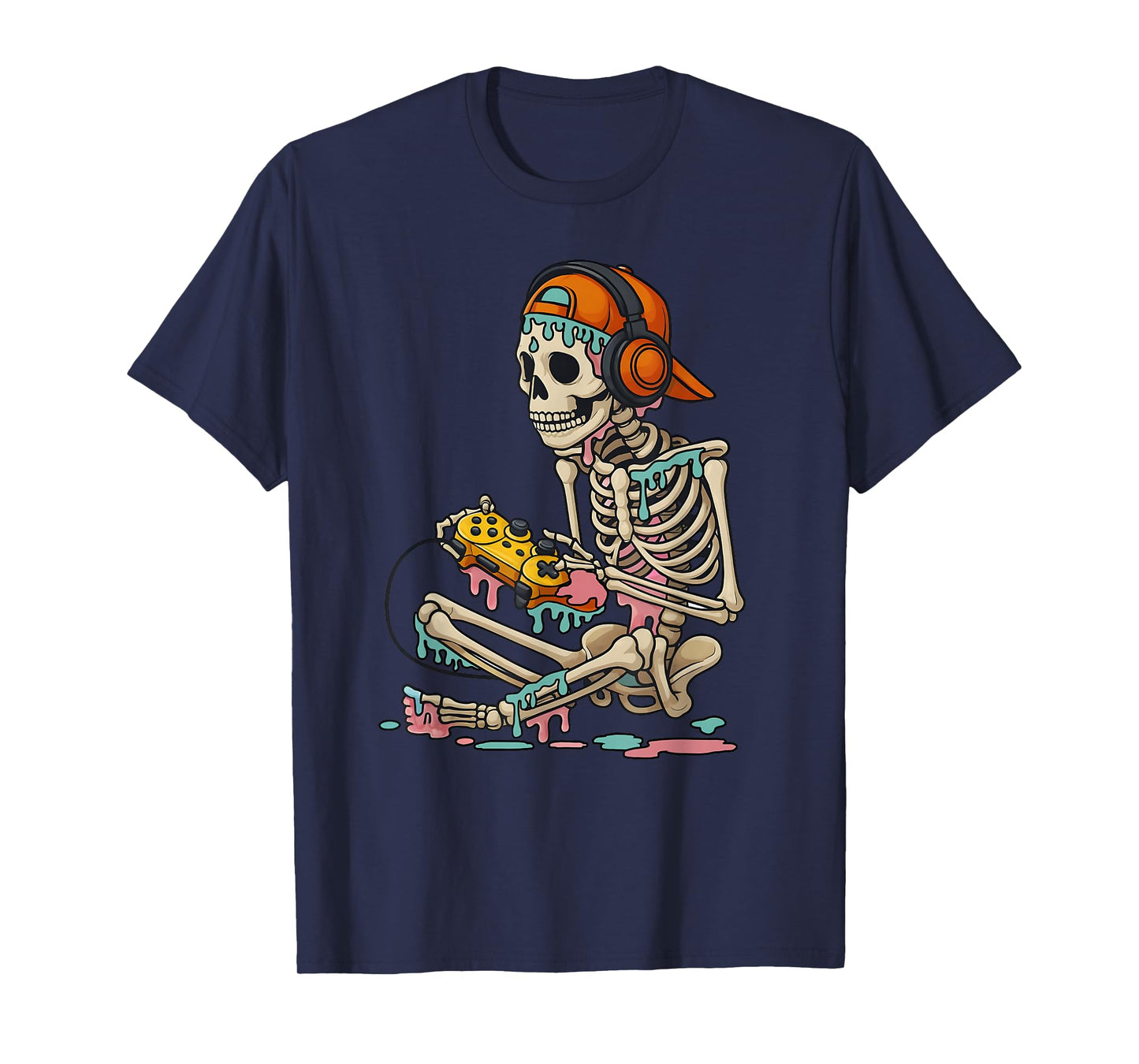 Halloween Skeleton Gamer Video Gaming Ice Cream Drip Skull T-Shirt