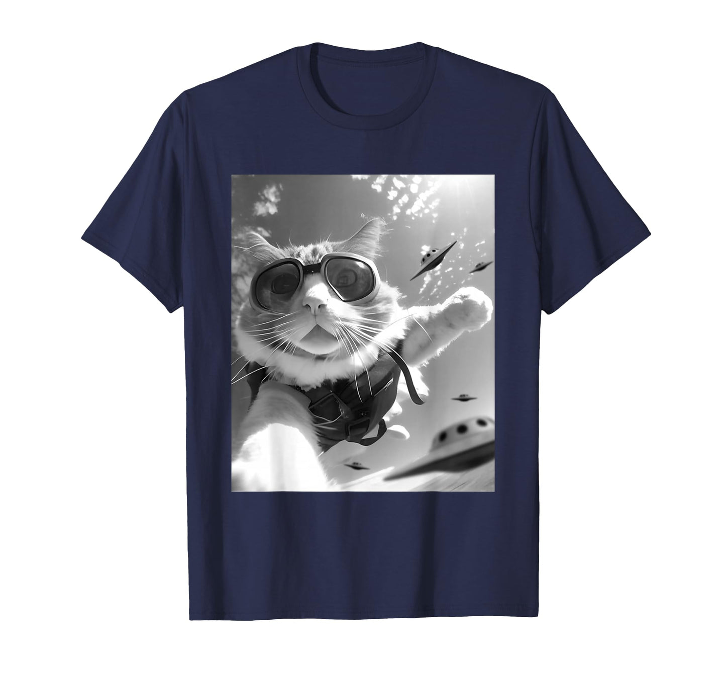 Funny Skydiving Cat Selfie with Alien UFOs T-Shirt