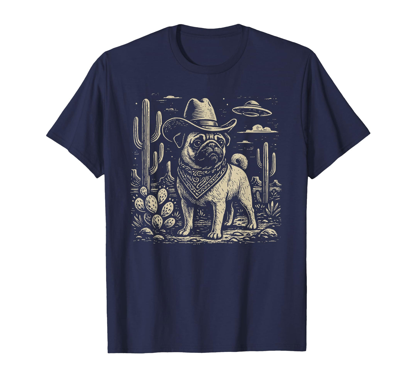 Vintage Western Pug Cowboy UFO Dog T-Shirt