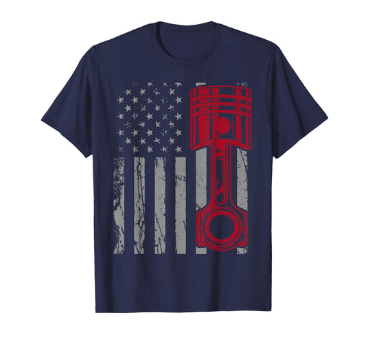Car Mechanic Piston US Flag Auto Engine Patriotic Garage Guy T-Shirt