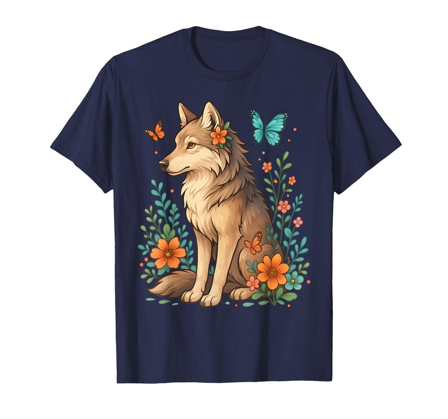Floral Wolf With Butterflies Mystical Forest Nature Lovers T-Shirt