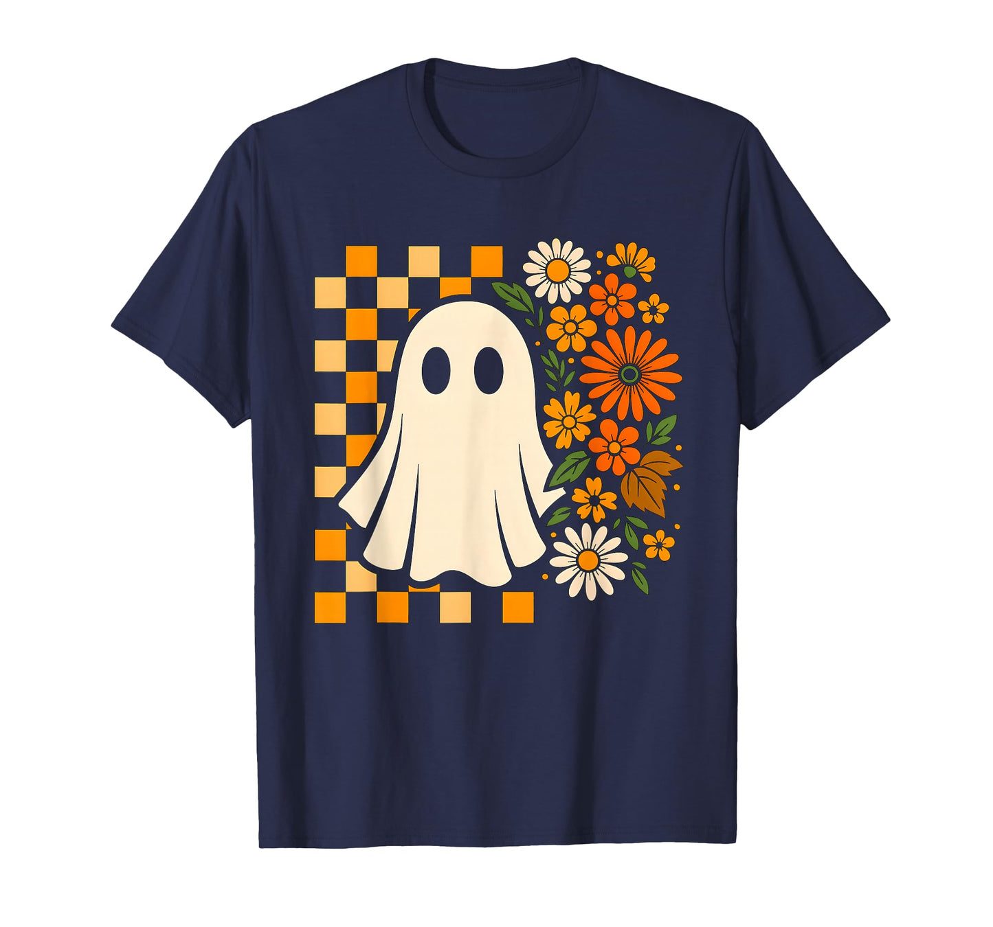 Retro Ghost with Flowers Halloween Icons Fall Design T-Shirt