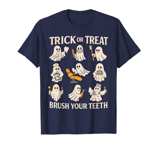 Trick Or Treat Brush Your Teeth Ghost Cute Halloween Dentist T-Shirt