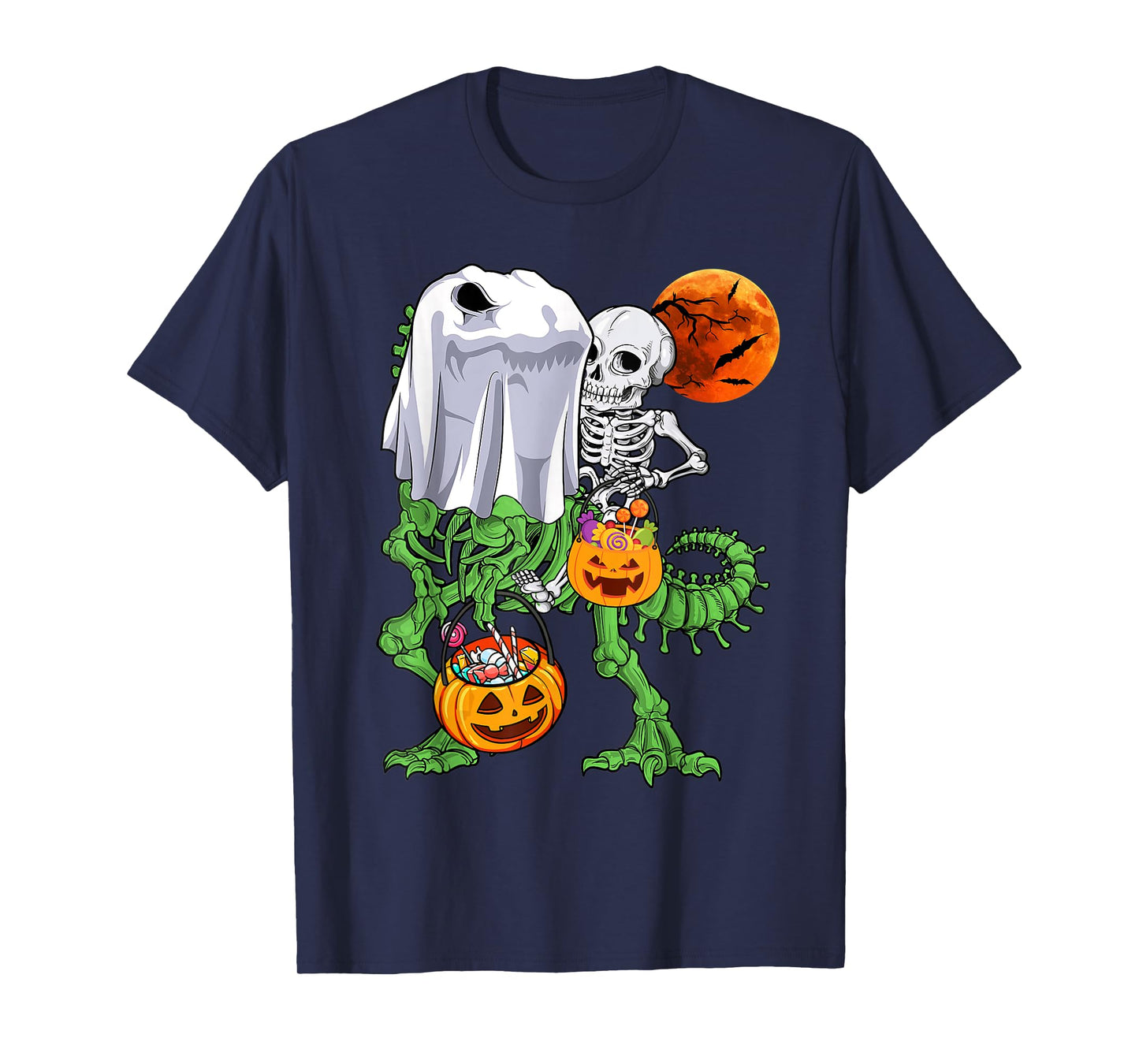 Skeleton Riding Mummy Dinosaur T rex Halloween Funny Pumpkin T-Shirt
